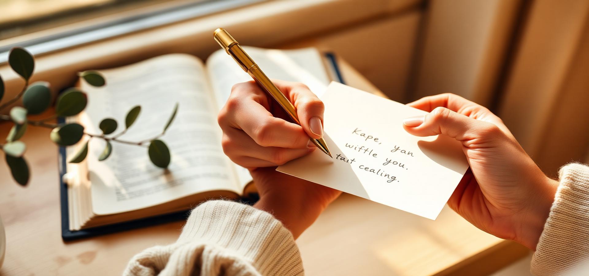 Hands writing a personal message inside a cream card