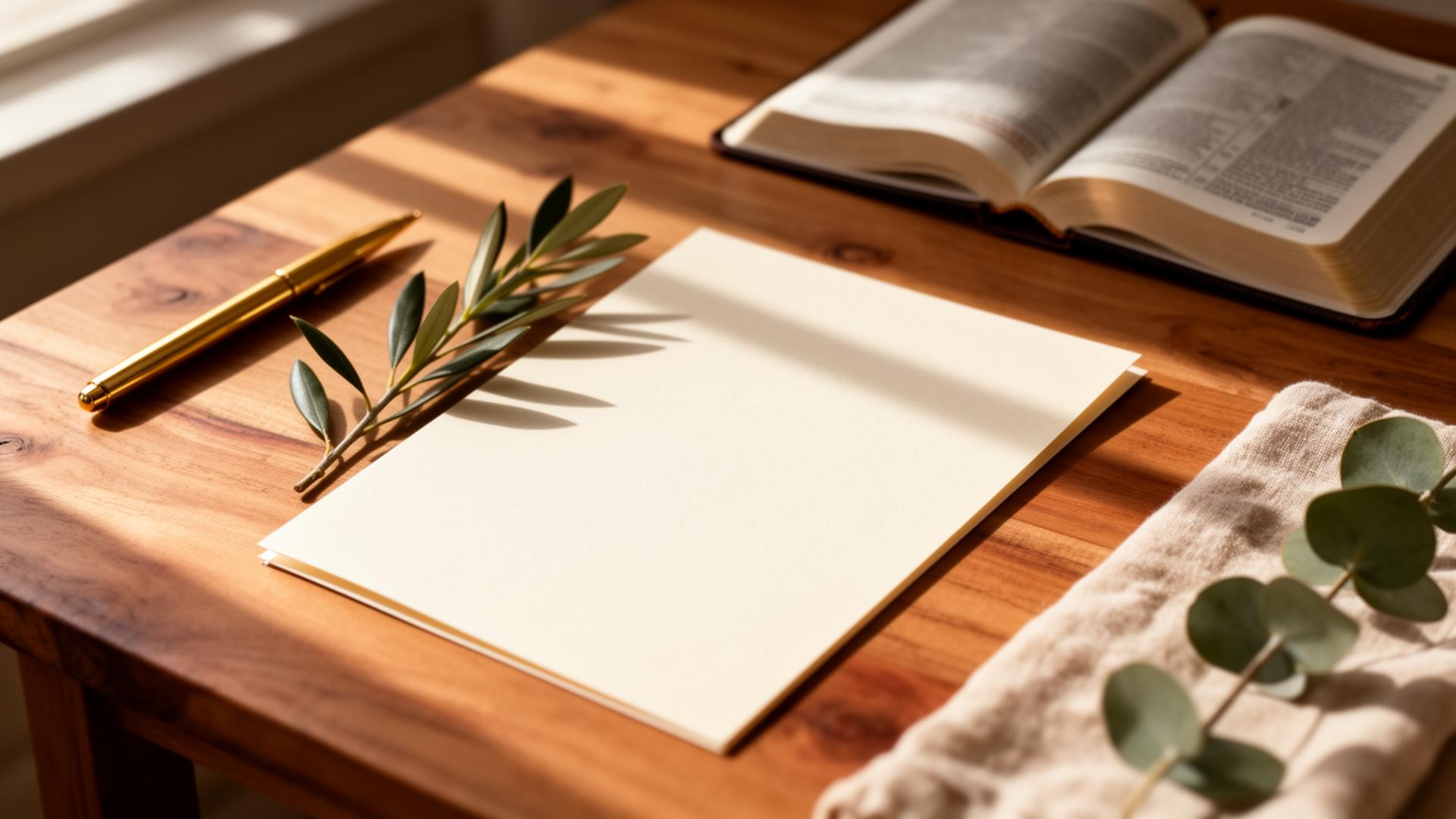 A cream greeting card on a sunlit oak desk beside an open Bible and olive branch